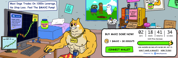 Maxi Doge's .9 million presale milestone and days until next price increase.